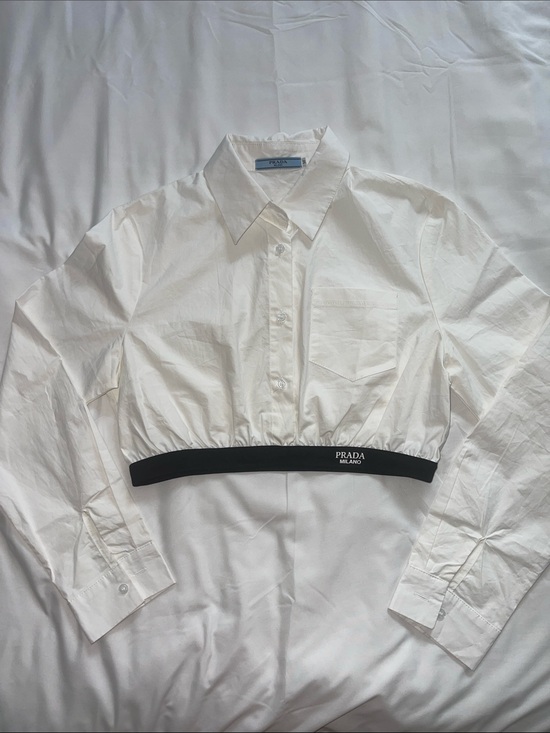 Prada Tops - Prada White Cropped Button-Up Shirt with Logo Band